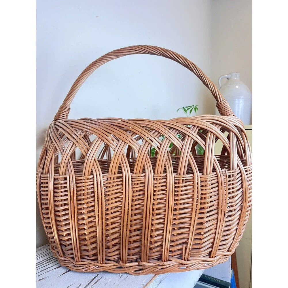 Vintage Polish Willow Wicker Woven High Arch Gathering Basket 20” x 16” Country